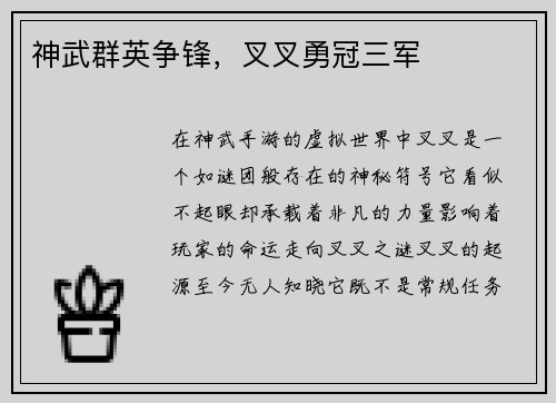 神武群英争锋，叉叉勇冠三军